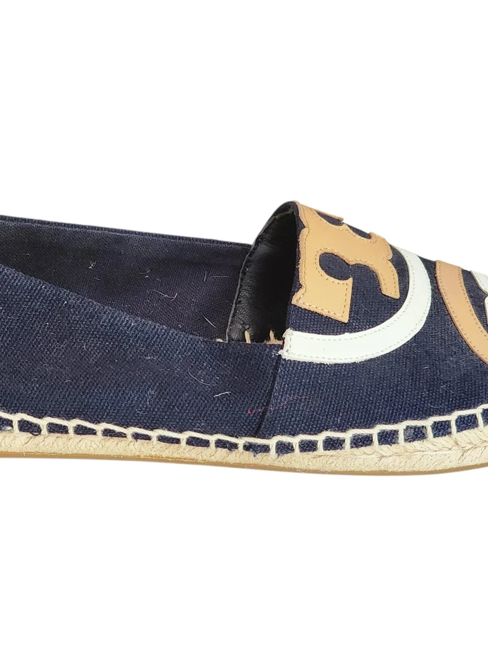 Tory Burch Black Espadrilles with Tan & White Logo Trim